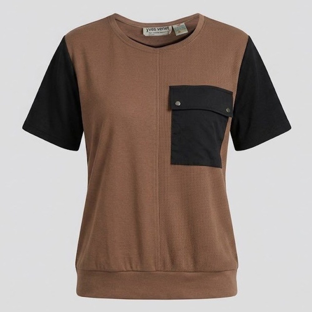 Vintage Yves Venet Top Brown Black Colorblock Waffle Knit Pocket Tee 40 Gorpcore